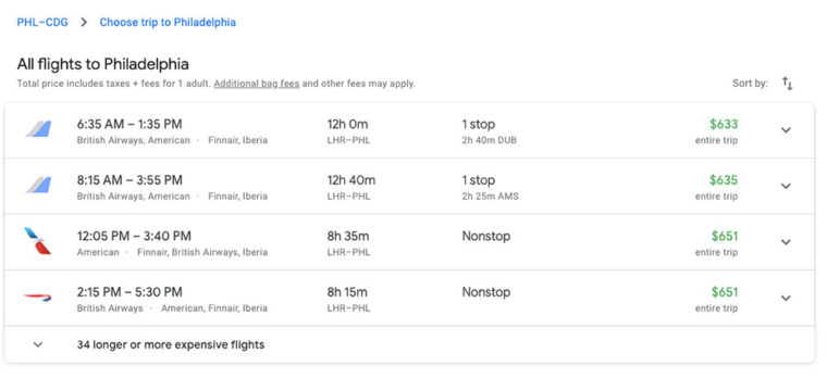 Choosing flight to Philadelphia