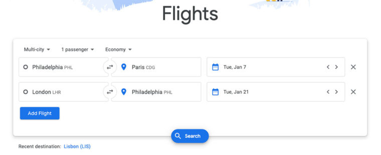 Entering cities and dates into Google Flights