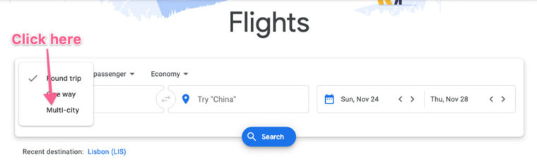 Choose "Multi-city" in Google Flights