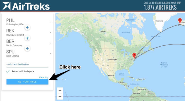 AirTreks TripPlanner with cities entered