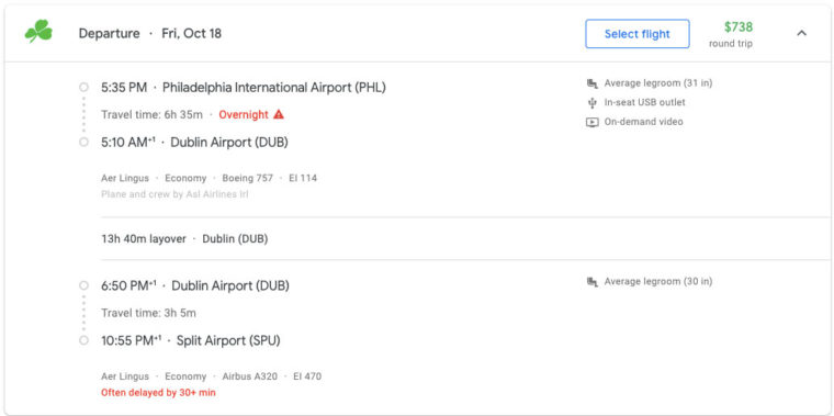 Aer Lingus flight from Philadelphia to Split