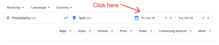 Click on the calendar icon in Google Flights