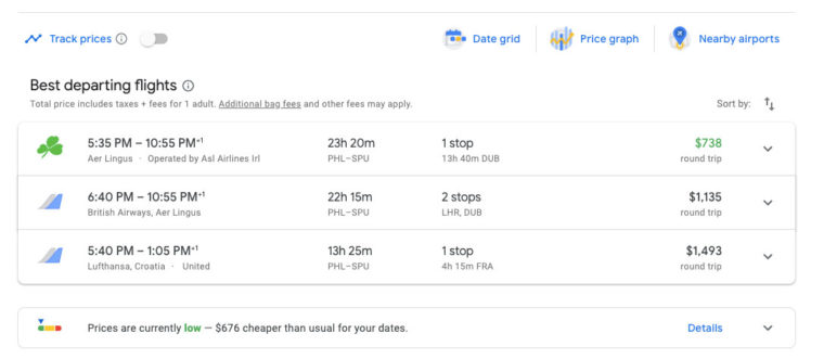 Google Flights prices for trip from Philadelphia to Split