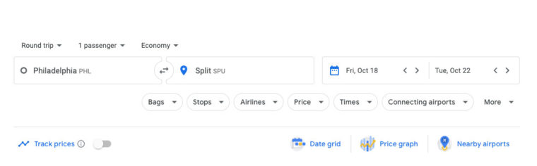 Searching Google Flights for trip from Philadelphia to Split