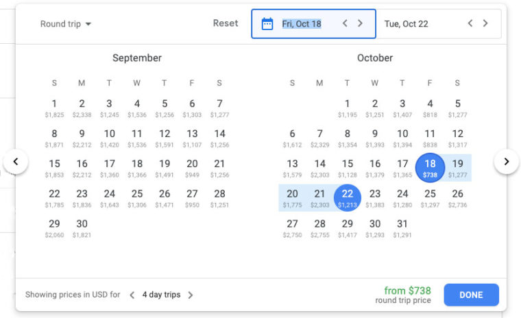 Prices for different dates in Google Flights calendar