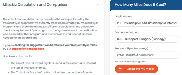 Entering destinations into frequent flyer miles calculator