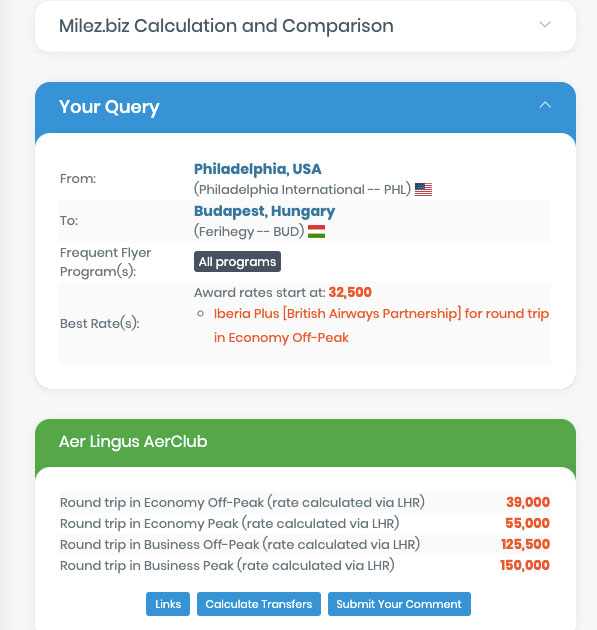 Frequent flyer miles search results